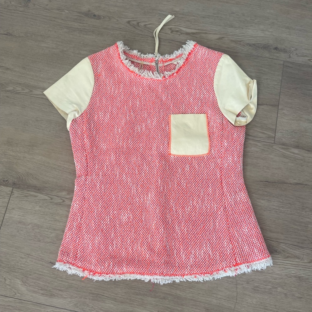 Rebecca Taylor‎ Tweed Coral Pink Frayed Hem Lamb Leather Top 0
